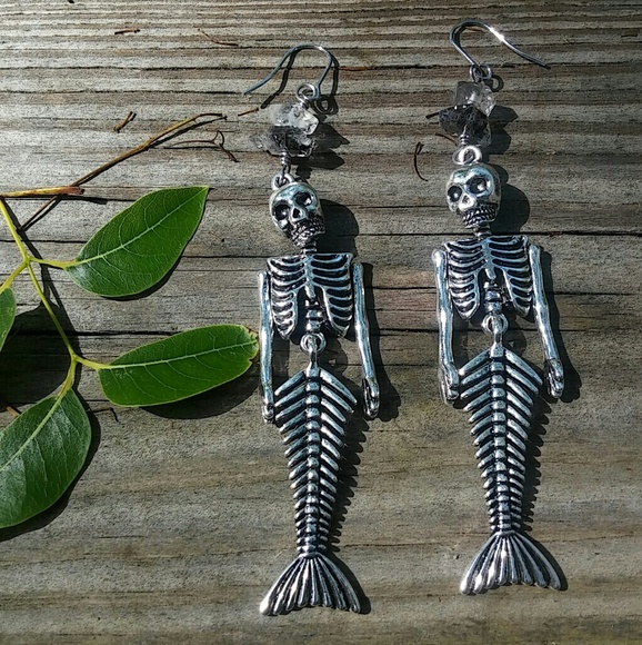 Herkimer Goth Skeleton Mermaid Earrings - Picture 5 of 6